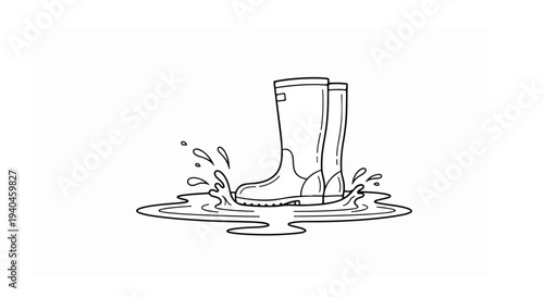 Rubber Rain Boots Splashing in Water Puddle Vector Illustration