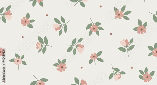 Delicate Pink Flowers with Green Leaves Pattern.