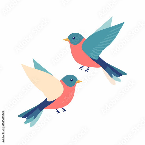 Two Cartoon Birds Flying Together.