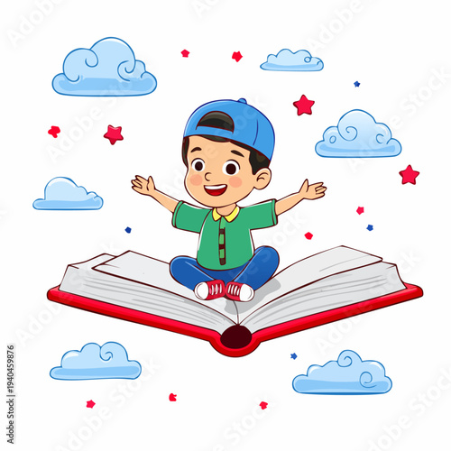Young Boy Sitting on Open Book.