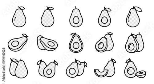 Avocado Line Icons Set, Whole and Half Avocado Fruit Outline Collection Healthy Food Vector Illustration