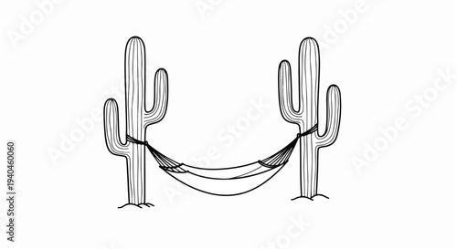 Desert Relaxation Vector - Hammock Hanging Between Two Saguaro Cacti Line Art