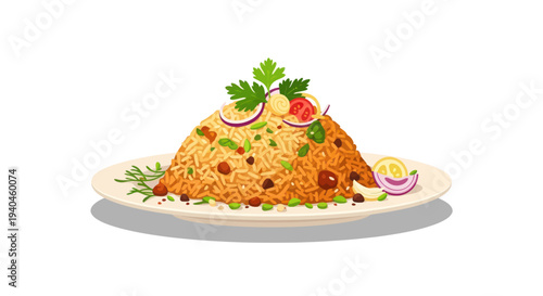 Delicious Biryani Dish on White Plate Garnished.