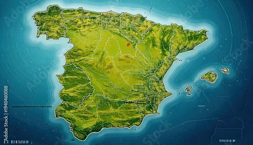 Digitally created illustration showcasing the geographical features of the Spanish peninsula