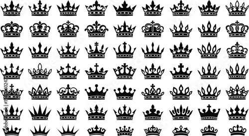 Black Crown Silhouette Vector Collection Featuring Royal Imperial Tiaras King Queen Monarchy Symbols and Medieval Coronet Icon Elements for Heraldry and Luxury Branding Design
