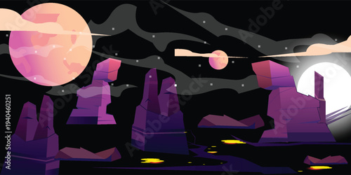 Midnight flat landscape design vector illustration with moon and hills