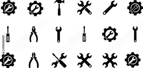 Black Flat Vector Icon Set of Professional Hand Tools for Repair Maintenance Construction and Technical Service Featuring Wrenches Hammers Screwdrivers Pliers and Industrial Gears