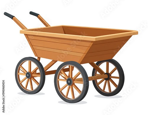 Rustic wooden cart with four spoked wheels and black handles, isolated on a white background