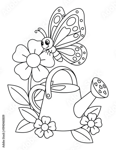 Butterfly with watering can simple garden coloring page outline illustration for kids