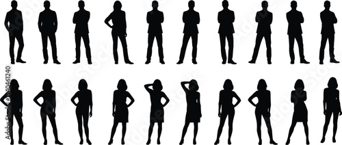 Set of silhouette business people standing in various professional poses, including confident men and women in suits and smart casual attire for corporate design projects.