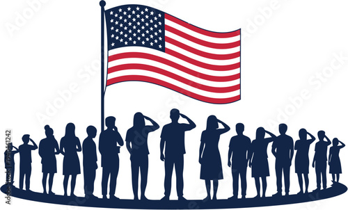 American flag proudly waving above a diverse group of people saluting in silhouette, symbolizing patriotism and national pride