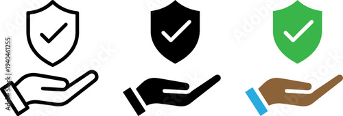 Protective shields and hands with checkmarks for security and protection