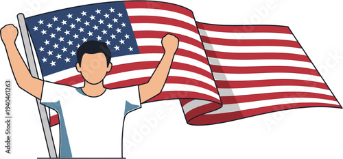 An illustration of a person holding the American flag with their arms raised in a celebratory gesture