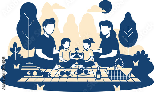 Happy family enjoying a serene outdoor picnic under the vibrant sky, sharing delightful food and creating cherished memories in a peaceful park setting