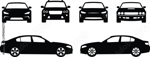 Set of Car Silhouettes Front and Side View Vector Illustrations Including Sedans SUV and Muscle Car Icons Isolated on White Background for Automotive Design
