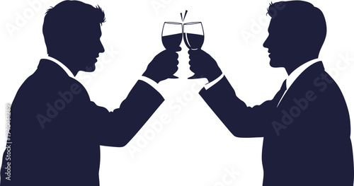 Two business partners in sharp suits celebrating a successful deal with a celebratory wine toast, symbolizing collaboration and achievement in a corporate setting