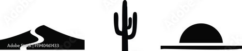 Desert Nature Silhouette Set: Sand Dune with Path, Saguaro Cactus, and Setting Sun Icons