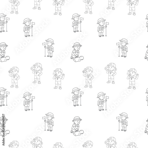 seamless pattern of boys as lifeguards with whistles rescue buoys and beach icons in clean line art