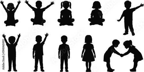Set of children silhouettes in playful poses isolated on white background, kids sitting standing greeting and playing vector collection for design, education, diversity concept