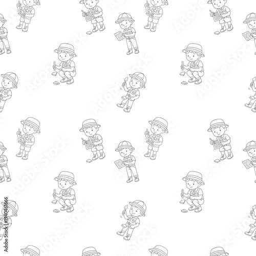 seamless repeating pattern of boys dressed as archaeologists with hats shovels and tiny fossils in playful sketch style