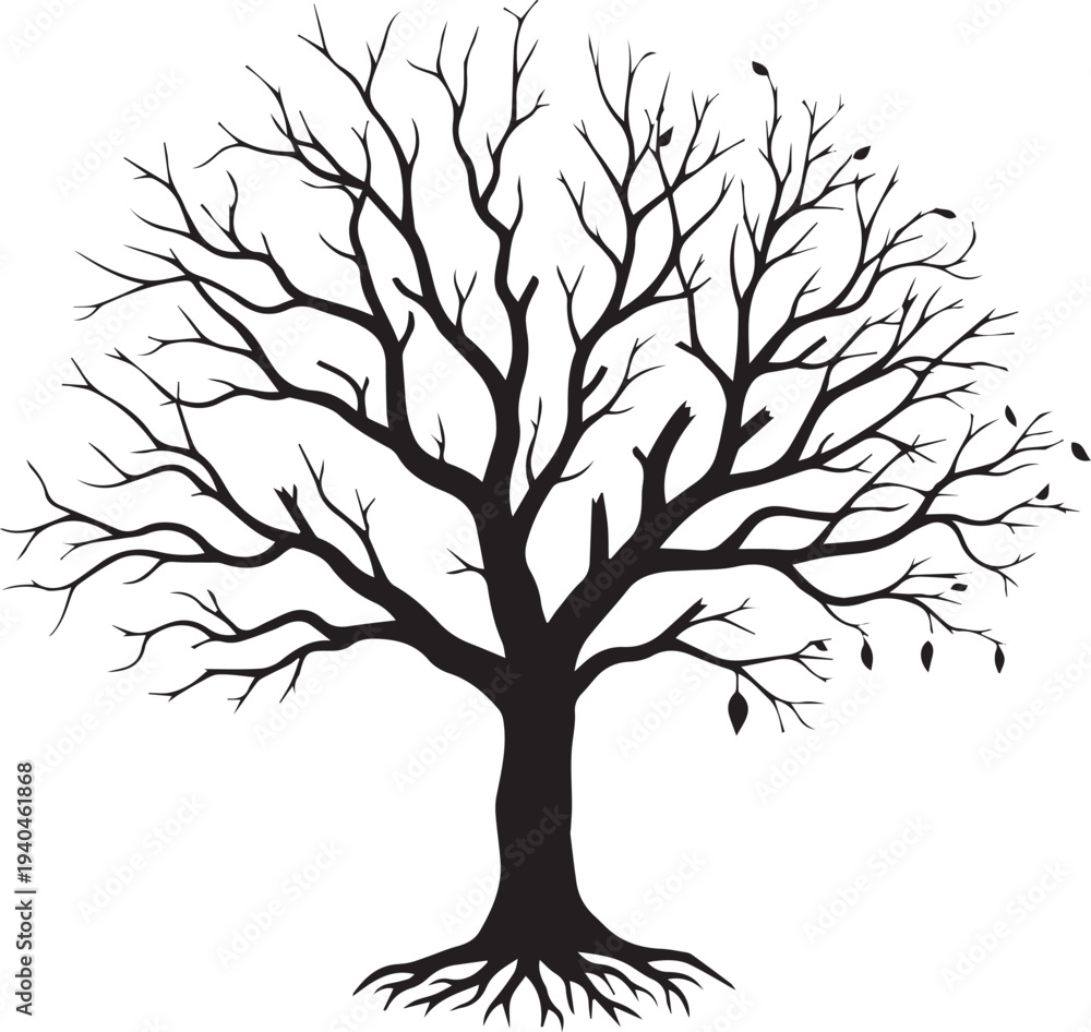 Fototapeta premium Black silhouette vector illustration of a dry tree with roots isolated on transparent background
