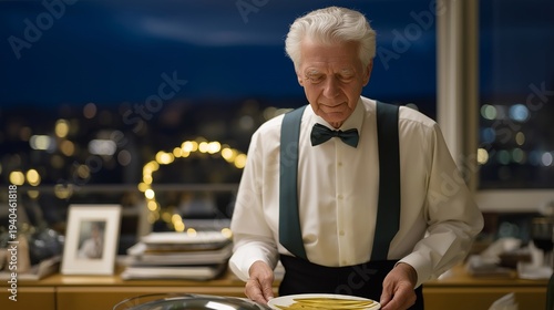Elderly widower setting single plate at dining table in luxury apartment, framed wedding photo visible on sideboard, city lights twinkling through window at dusk, perfect for senior isolation