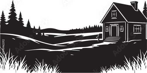 Cabin house silhouette with trees and hills vector illustration, nature landscape line art