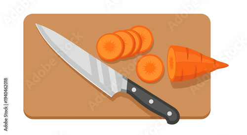 Sharp Knife and Sliced Carrot on Board.