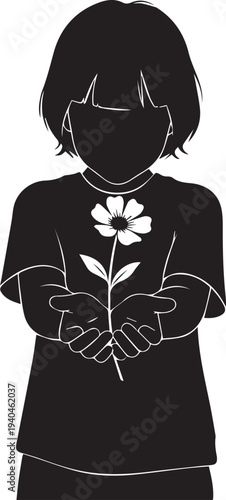 Child holding flower silhouette vector illustration, innocence and nature line art