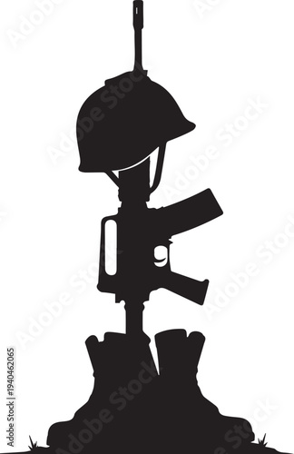 Fallen soldier battle cross silhouette vector illustration. memorial symbol line art