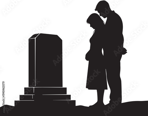 Couple mourning at grave silhouette vector illustration, memorial tombstone line art