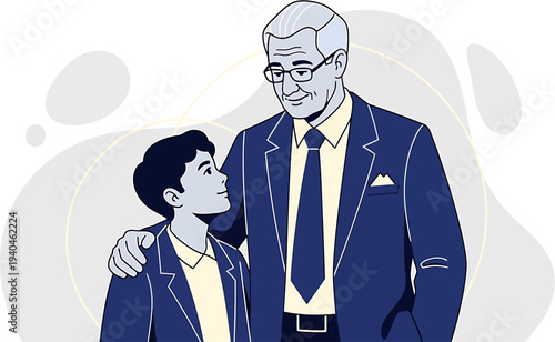 Illustration of an older man and young boy, symbolizing strong intergenerational connection, family bonds, mentorship, and the sharing of wisdom and guidance