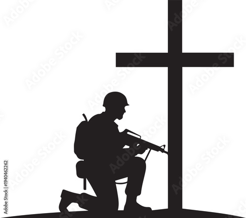 Soldier kneeling at cross silhouette vector illustration military memorial honor and grief
