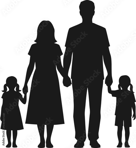 A silhouette of a family with two young children, holding hands, representing unity and togetherness