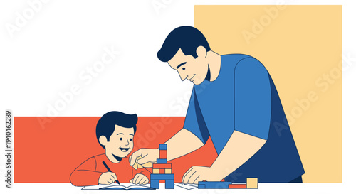 Father and son building with toy blocks, father teaching son how to build creative structure