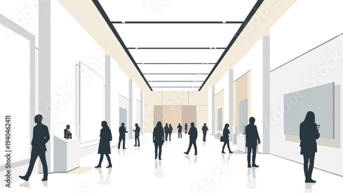 Modern art gallery with visitors exploring exhibits in minimalist interior design