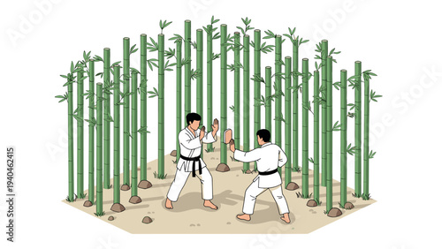Martial artists practicing in bamboo forest for mindful training and discipline