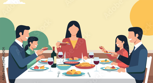 Family enjoying dinner together at a festive table in modern flat design