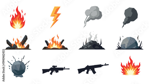 Bold cartoon explosions and weapons in natural and combat scenes