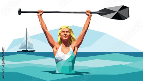 Low poly art of woman kayaking with paddle raised triumphantly at sea