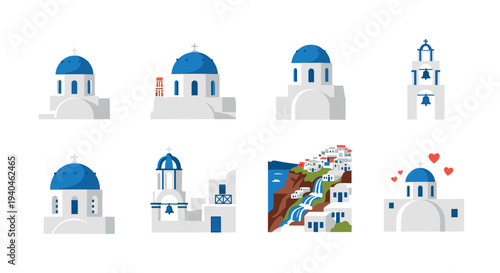 Iconic blue domes of santorini: minimalist architecture illustrations