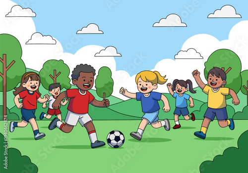 Children having fun playing soccer in a park under cloudy skies. Perfect for sports, recreation, childhood, outdoor activities, and teamwork concepts.