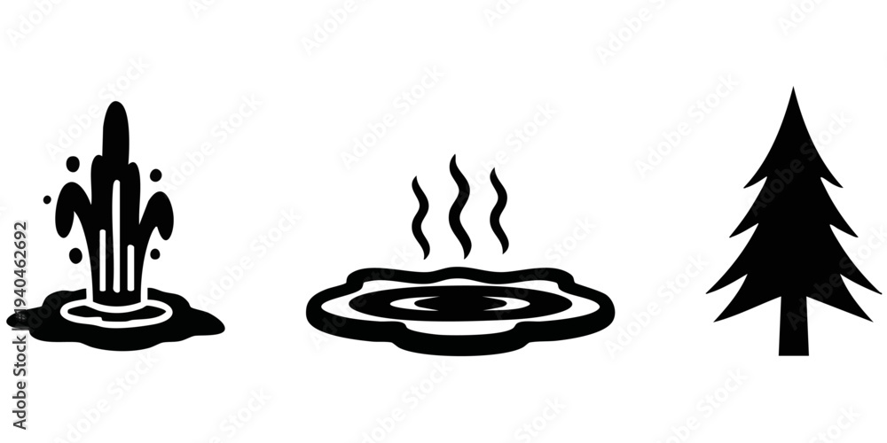 Fototapeta premium Geothermal Nature Silhouette Set: Erupting Geyser, Steaming Hot Spring, and Evergreen Tree Icons