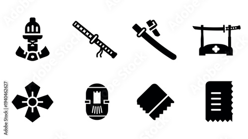 Minimalist japanese samurai icons set: katana, armor, temple