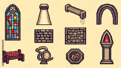 Retro gaming pixel art set: stained glass, medieval torches, stone walls, and more