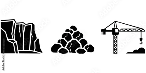 Industrial Mining Silhouette Set: Open Pit Quarry Wall, Rock Pile, and Heavy Construction Crane Icons
