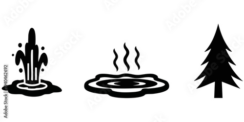Geothermal Nature Silhouette Set: Erupting Geyser, Steaming Hot Spring, and Evergreen Tree Icons