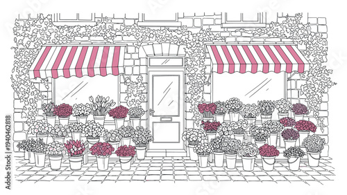 Charming floral boutique with striped awnings and stone brick facade