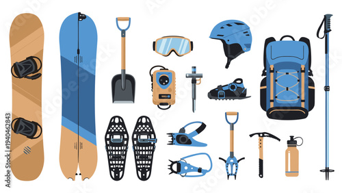 Essential winter hiking and snowboarding gear in flat design