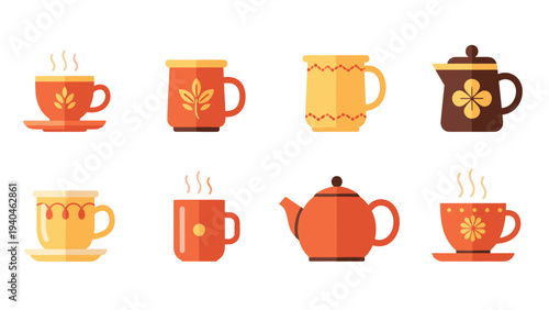 Colorful flat style tea and coffee cups collection